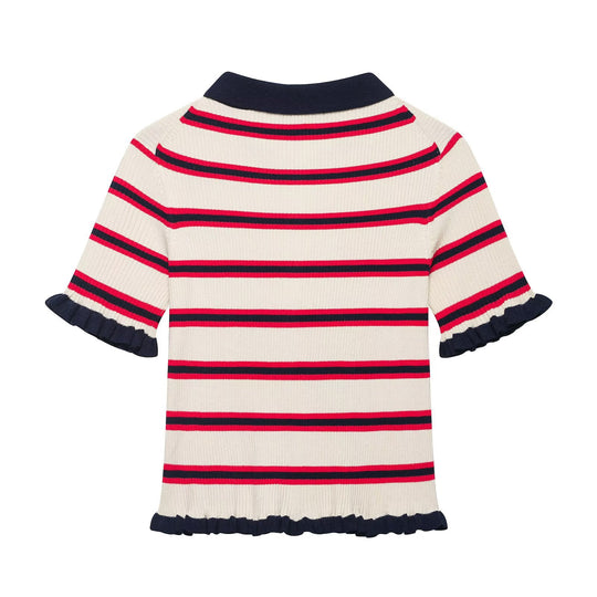 Damen Kurzärmelige Feinstrick-Cardigan mit Polokragen und Volantbündchen Nord Taschen