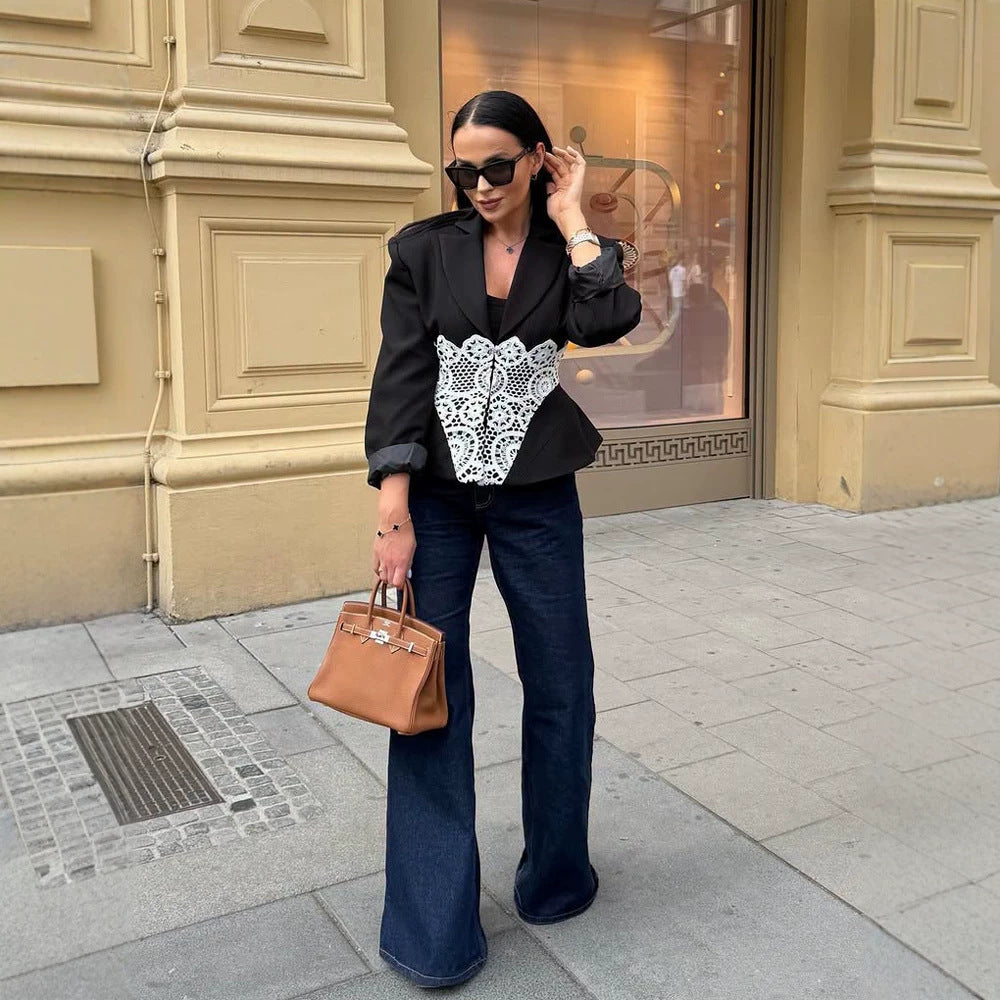 Damen Zweiteiliges Anzugset mit tailliertem Blazer, Spitzen‑Corsage und weiter Palazzohose Nord Taschen