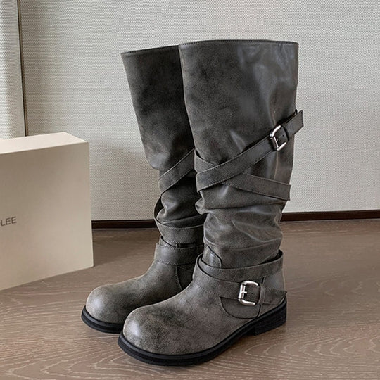 Damen Kniehohe Biker-Stiefel in Leder-Optik mit verstellbaren Schnallen Nord Taschen