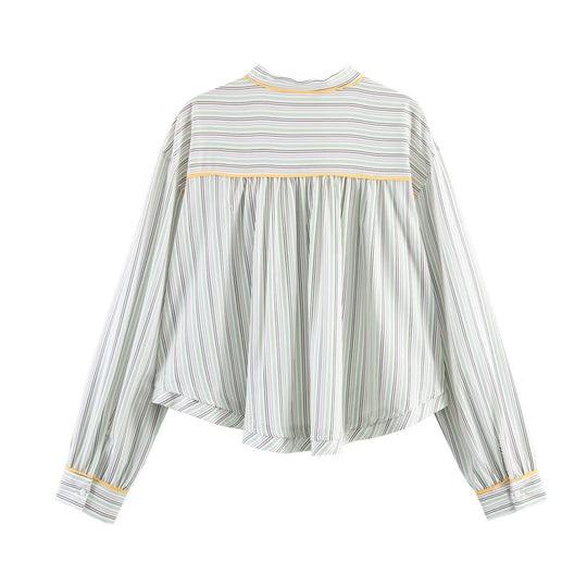 Damen Oversize-Bluse im Cropped-Schnitt mit Stehkragen, feinem Streifenmuster und Kontrastpaspel Nord Taschen