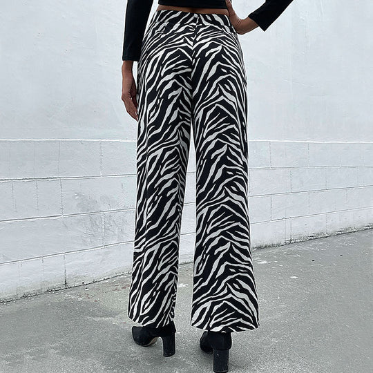 Damen Weite Palazzo-Hose mit Animal-Zebra-Muster, hohem Bund und Gürtelschlaufen Nord Taschen