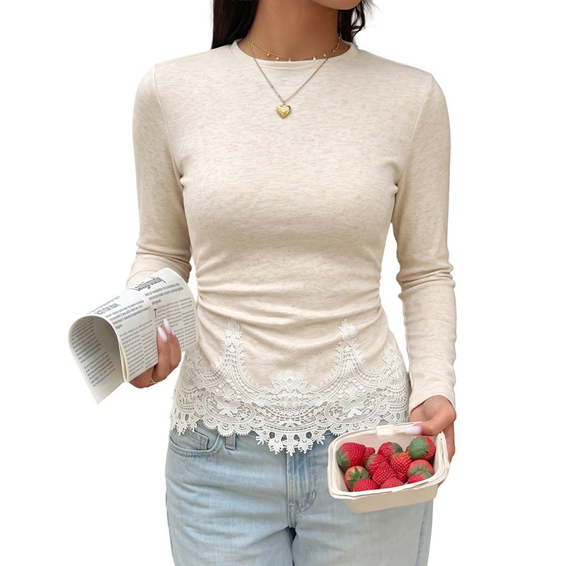 Damen Elegantes Langarmshirt mit Spitzenbordüre Nord Taschen