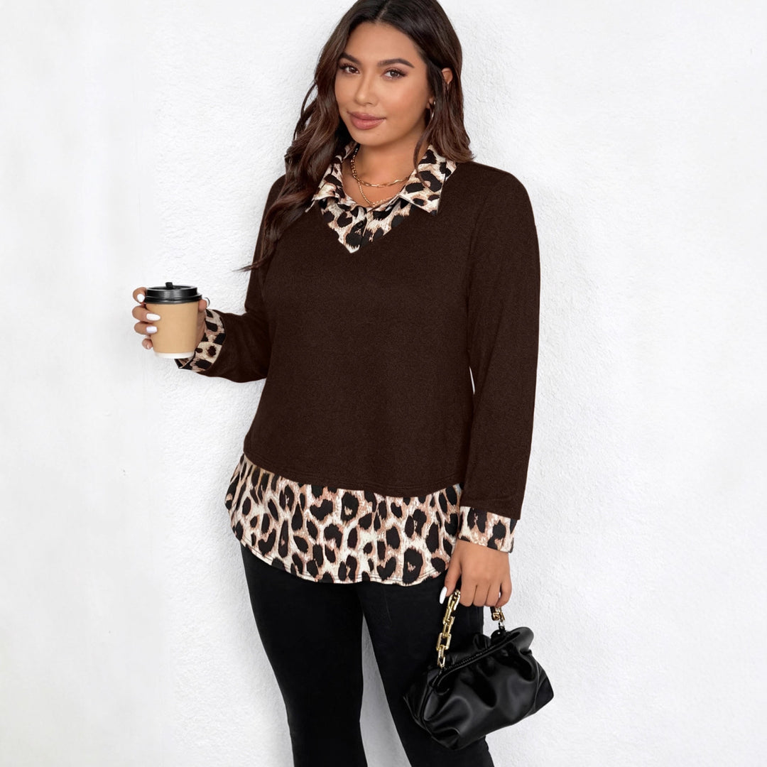 Damen Lagenlook-Pullover mit V-Ausschnitt und Leoprint-Blusen-Einsatz Nord Taschen
