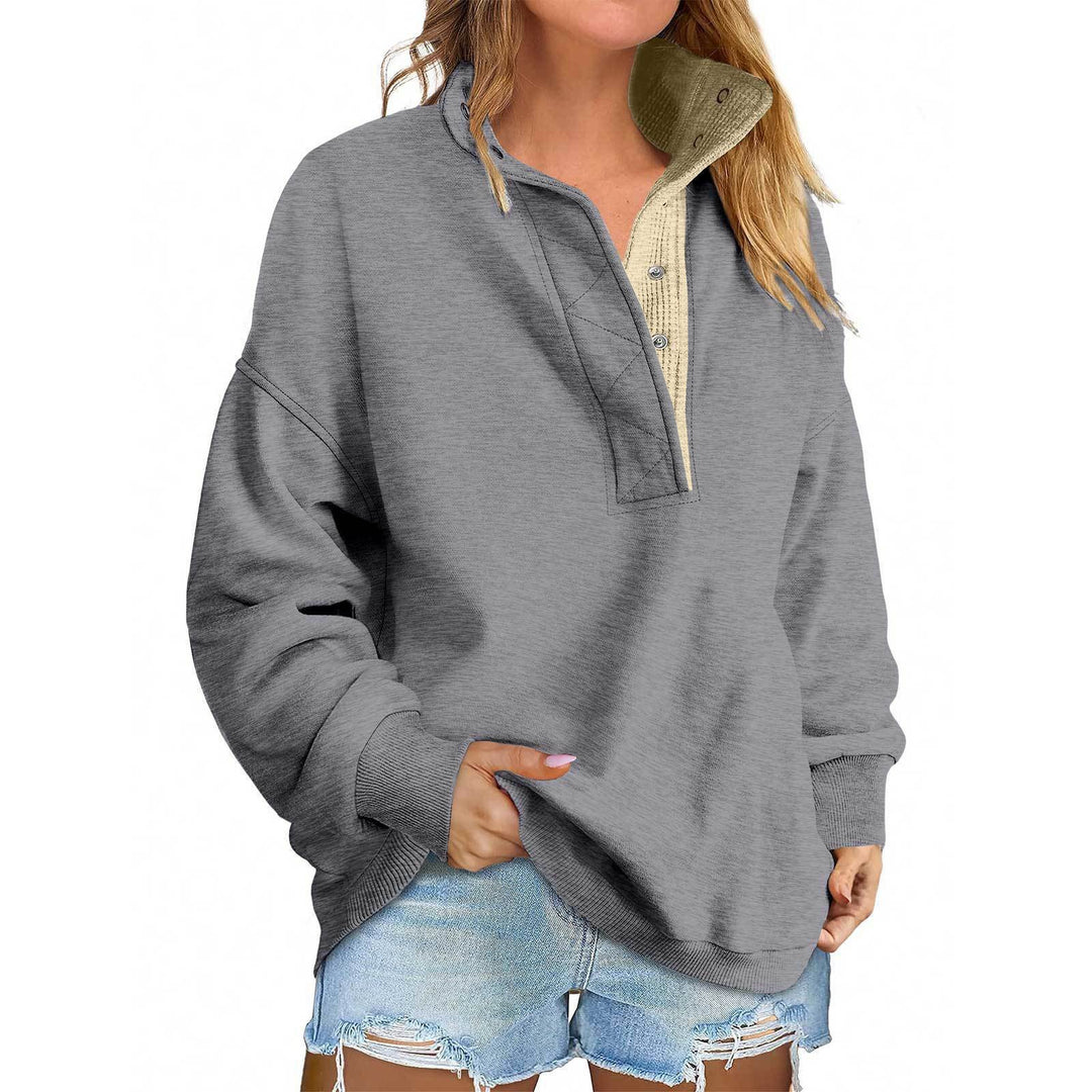 Damen Oversize-Henley-Sweatshirt mit Stehkragen und Druckknopfleiste Nord Taschen