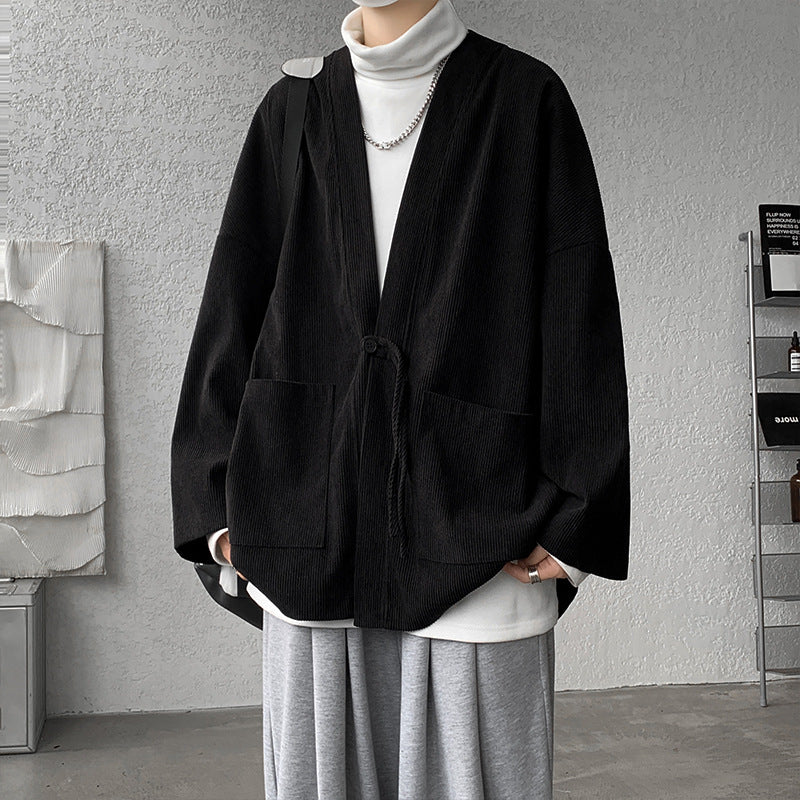 Herren oversized Cord-Kimono-Cardigan mit Kordelzug, aufgesetzten Taschen und Tropfenärmeln Nord Taschen
