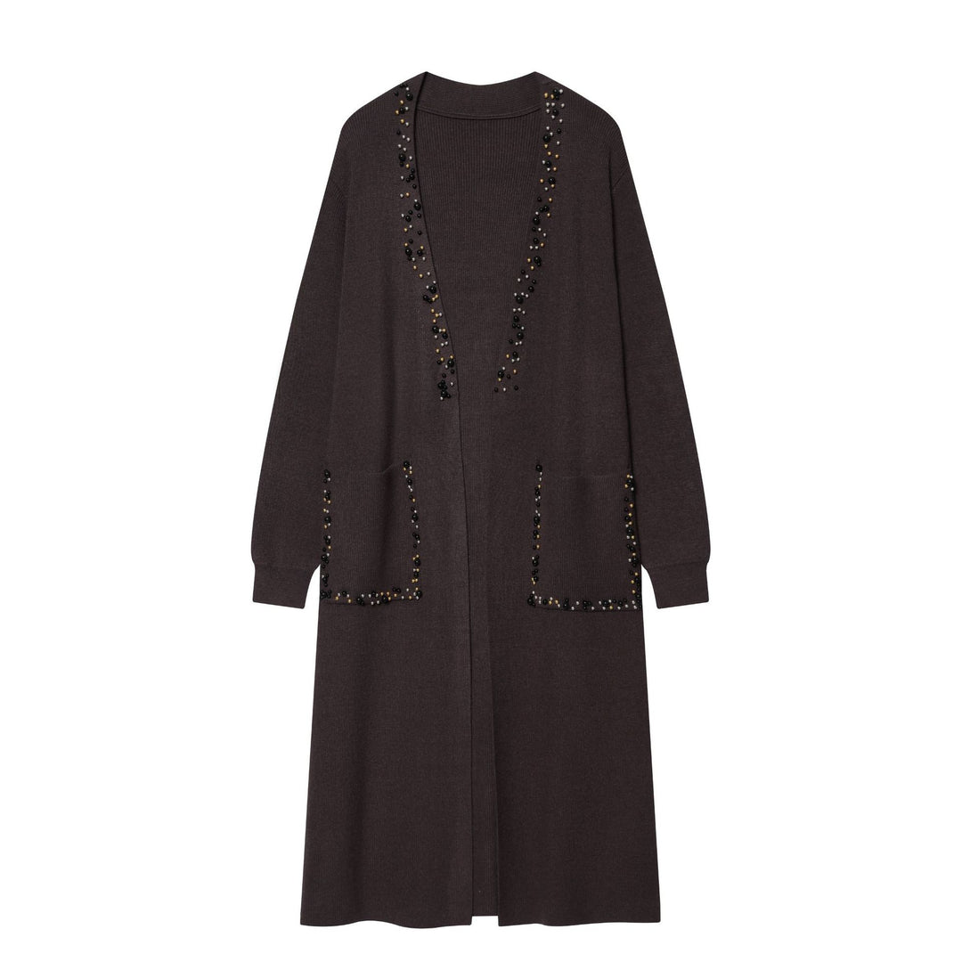 Damen langer Strickcardigan mit Perlenverzierung und aufgesetzten Taschen Nord Taschen