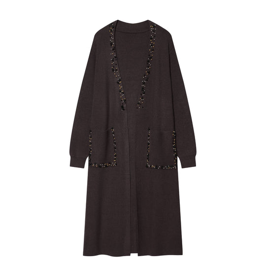 Damen langer Strickcardigan mit Perlenverzierung und aufgesetzten Taschen Nord Taschen