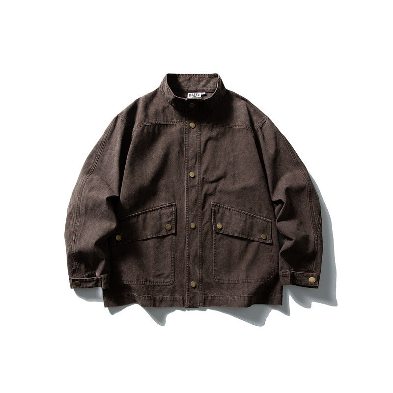 Unisex kastig geschnittene Canvas-Worker‑Blousonjacke mit Stehkragen und Druckknopf‑Front Nord Taschen