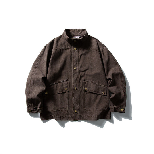 Unisex kastig geschnittene Canvas-Worker‑Blousonjacke mit Stehkragen und Druckknopf‑Front Nord Taschen