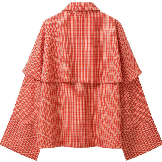 Damen Karierte Kurzjacke mit Cape‑Overlay, Schleifenbindung und extraweiten Ärmeln Nord Taschen