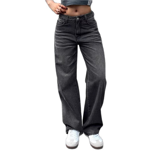 Damen Weite High‑Waist Denim-Hose mit geradem Bein und Vintage-Nähten Nord Taschen