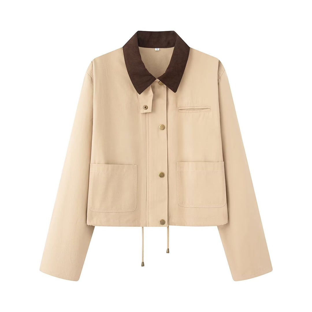 Damen Cropped Übergangsjacke im Workwear‑Look mit Cordkragen, Druckknopfleiste und Tunnelzug Nord Taschen