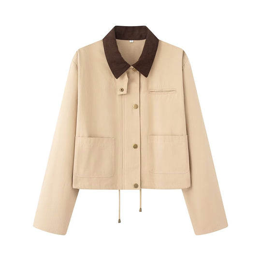 Damen Cropped Übergangsjacke im Workwear‑Look mit Cordkragen, Druckknopfleiste und Tunnelzug Nord Taschen