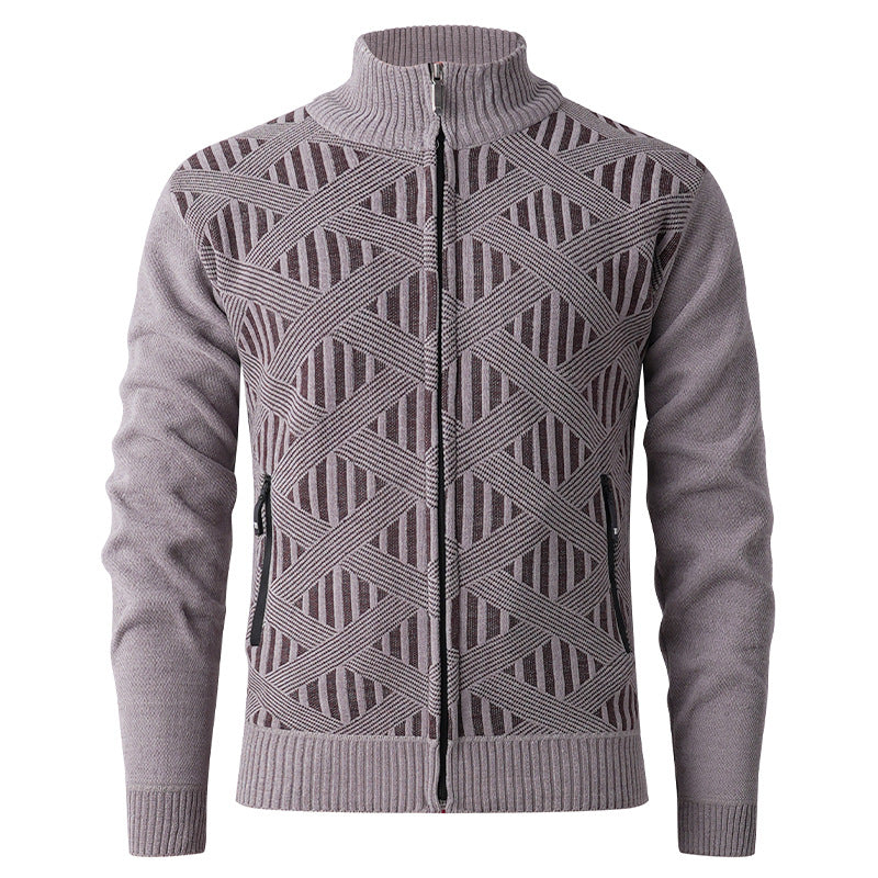 Herren Geometrischer Jacquard-Zipcardigan mit Stehkragen und Reißverschlusstaschen Nord Taschen