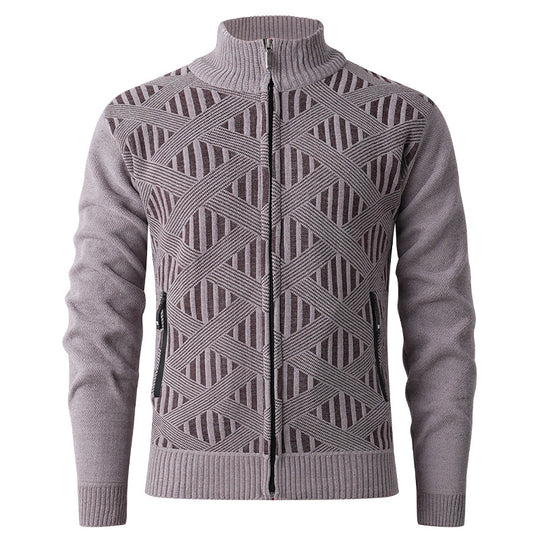Herren Geometrischer Jacquard-Zipcardigan mit Stehkragen und Reißverschlusstaschen Nord Taschen