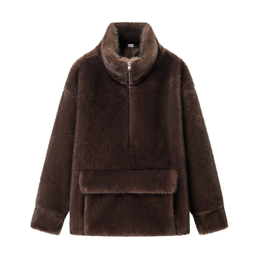 Damen Oversize Teddy-Fleece-Pullover mit halbem Reißverschluss und großer Klappentasche Nord Taschen