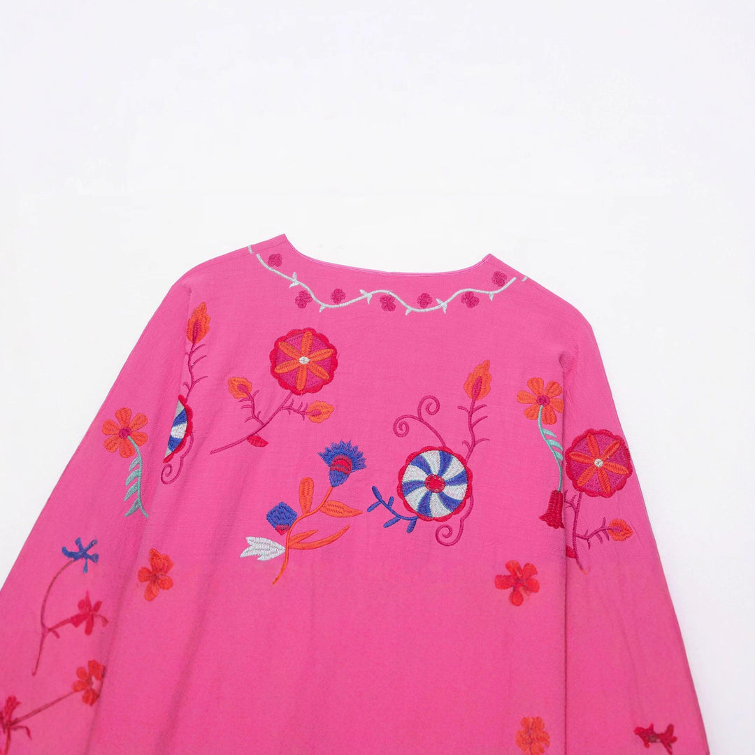 Damen Oversize Leichte Baumwoll-Cardiganjacke mit farbenfroher Blumenstickerei Nord Taschen