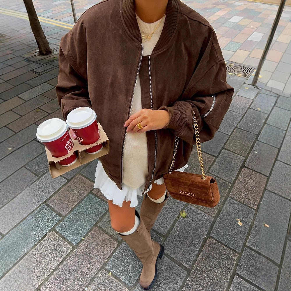 Damen Oversize-Suede-Bomberjacke mit Reißverschluss & gerippten Bündchen Nord Taschen
