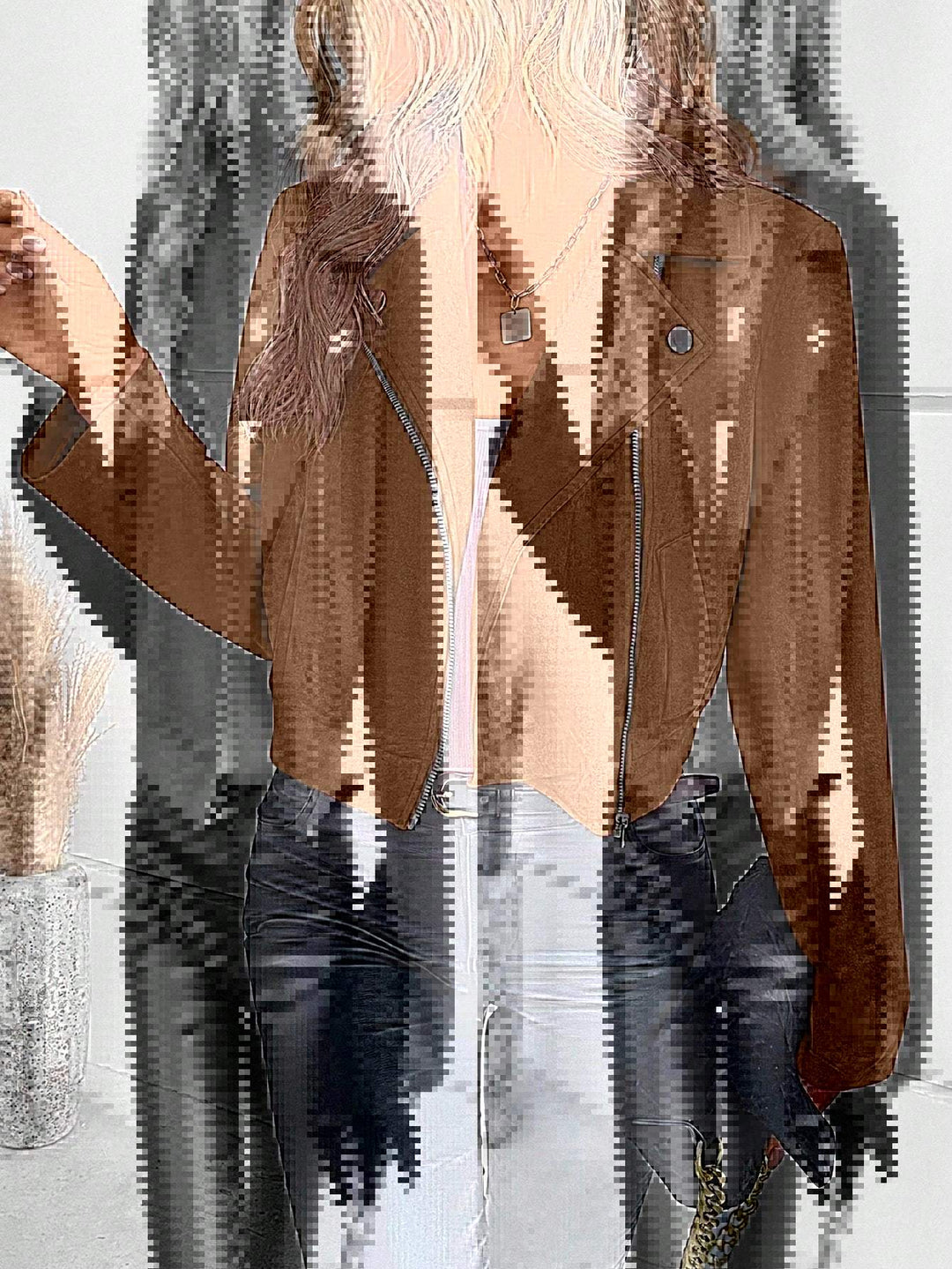 Damen Stylische Bikerjacke aus Kunstleder mit asymmetrischem Reißverschluss
