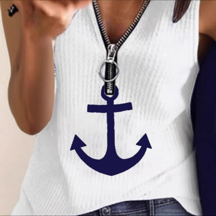 Damen Sportliches T-Shirt mit Reißverschluss und maritimen Motiven