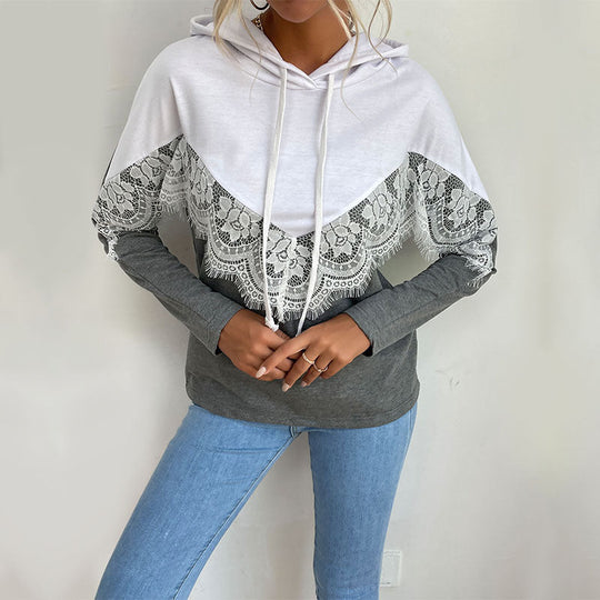 Damen Kapuzenpullover mit Spitzenbesatz und V‑Einsatz Nord Taschen