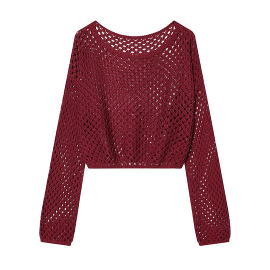 Damen Lockerer gehäkelter Cropped‑Pullover mit Ajourmuster Nord Taschen