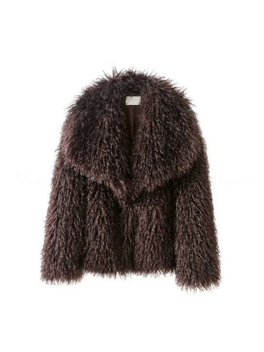 Damen Kurzjacke aus langflorigem Kunstpelz mit extra breitem Schalkragen Nord Taschen