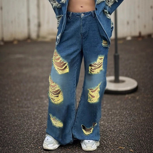 Damen weite Destroyed-Baggy-Jeans mit großflächigen Fransenrissen und relaxed Fit Nord Taschen