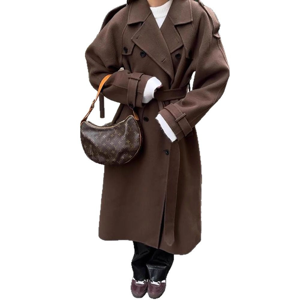 Damen Oversize Wollmantel mit breitem Reverskragen und Taillengürtel Nord Taschen