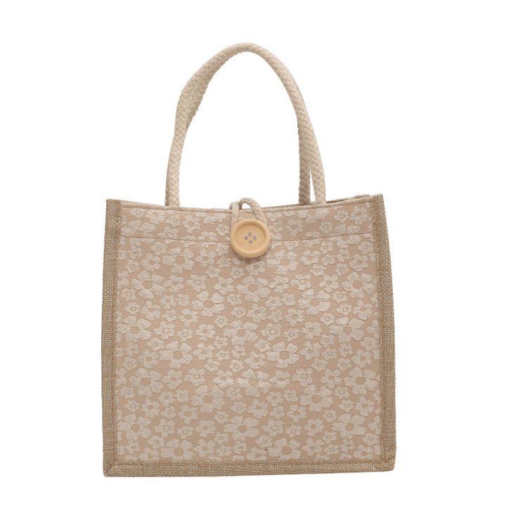 Damen Jute-Handtasche mit floralem Design und handgefertigtem Knopf Nord Taschen