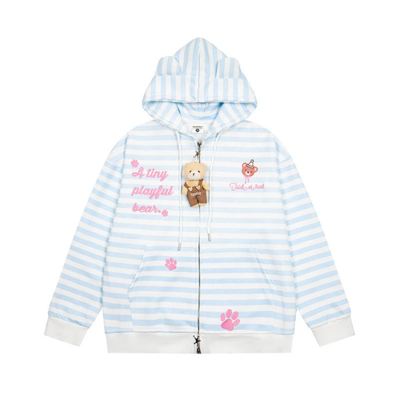 Damen Gestreifte Kapuzen-Sweatjacke mit Teddy-Anhänger, Ohren-Kapuze und Stickdetail Nord Taschen