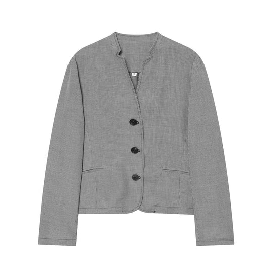 Damen Kurzblazer im Hahnentritt‑Muster mit Stehkragen und taillierter Cropped‑Silhouette Nord Taschen