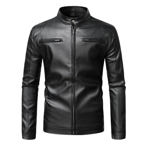 Herren Schmale Lederjacke im Urban-Bikerstil mit Stehkragen und Brust-Reißverschlusstaschen Nord Taschen