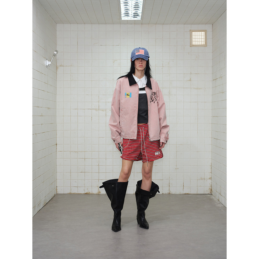 Unisex Boxy-Blousonjacke aus gewaschenem Baumwoll-Twill mit Cordkragen und Printdetails Nord Taschen