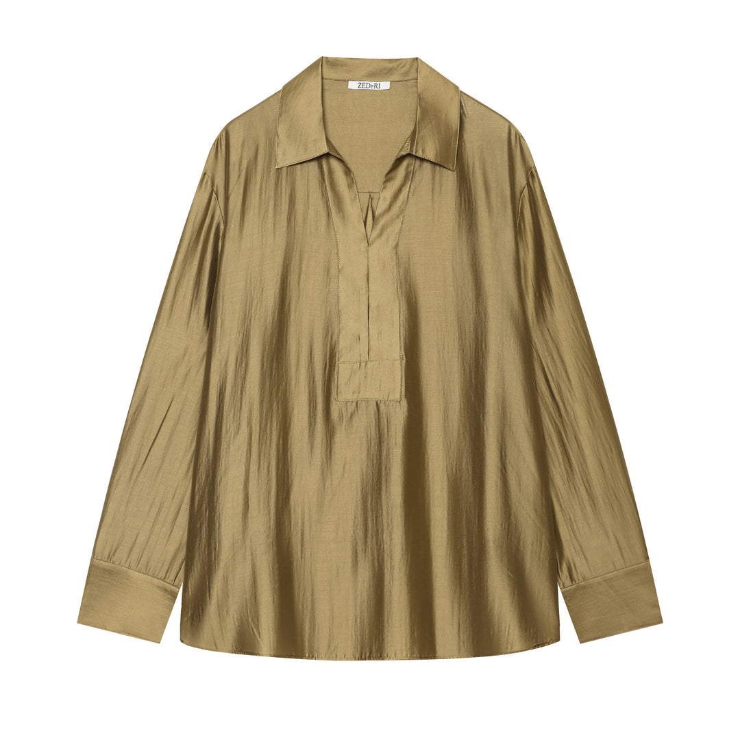 Damen Oversize-Satinbluse mit Hemdkragen, verdeckter Knopfleiste und Manschetten Nord Taschen