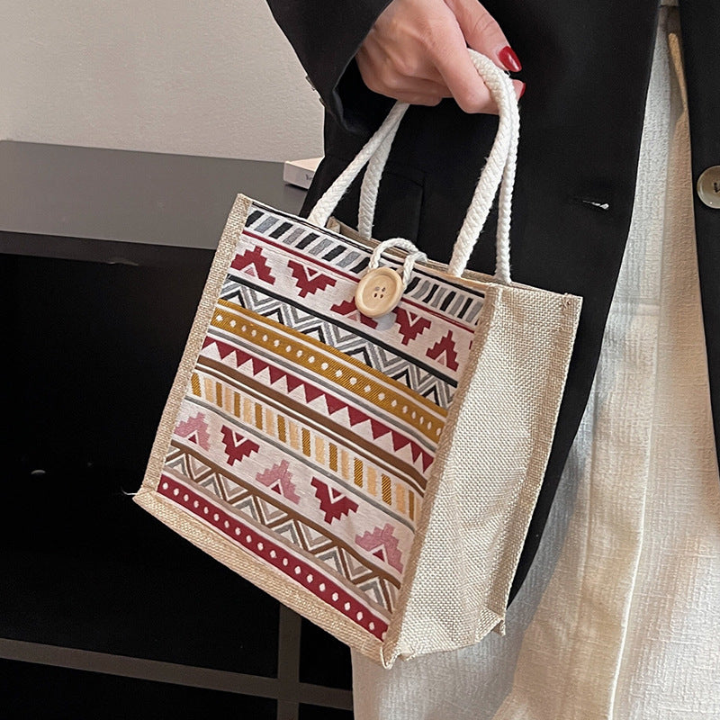 Damen Jutetasche mit buntem Ethnomuster und praktischen Tragegriffen Nord Taschen