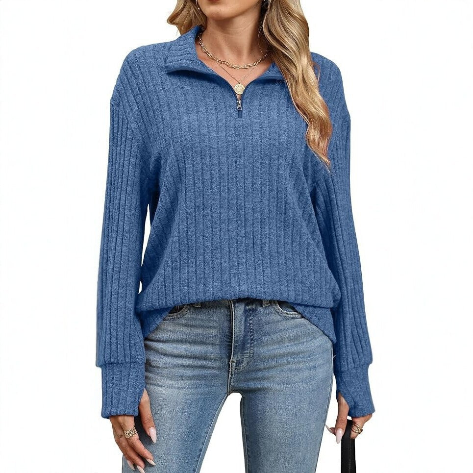 Damen Gerippter Halfzip-Pullover mit Stehkragen und Relaxed-Fit Nord Taschen