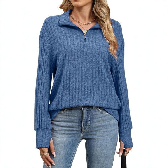 Damen Gerippter Halfzip-Pullover mit Stehkragen und Relaxed-Fit Nord Taschen