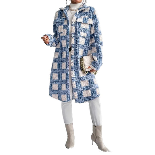Damen Teddy-Mantel mit großem Karomuster, Hemdkragen und Knopfverschluss Nord Taschen