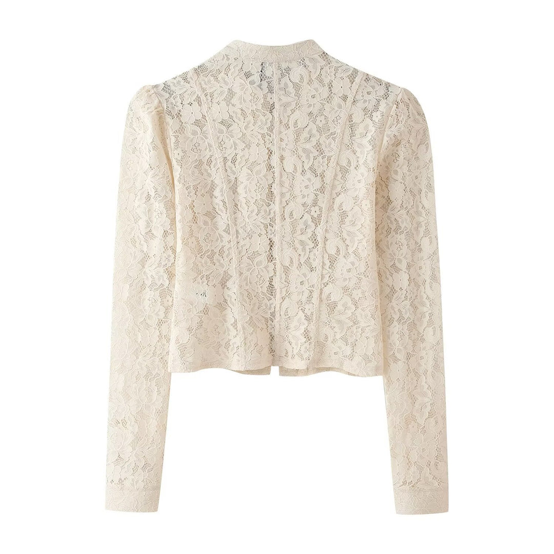 Damen Cropped Spitzenblazer mit Stehkragen, Zier‑Froschverschlüssen und Puffärmeln Nord Taschen