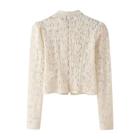 Damen Cropped Spitzenblazer mit Stehkragen, Zier‑Froschverschlüssen und Puffärmeln Nord Taschen