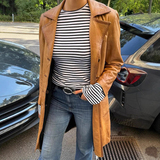 Damen Langer taillierter Leder‑Trenchcoat mit doppelreihiger Knopfleiste und Reverskragen Nord Taschen