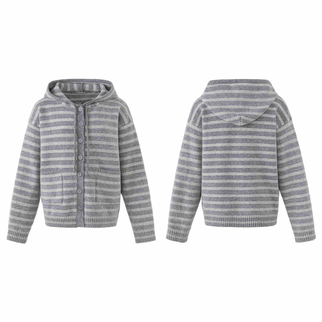 Damen Kapuzenstrickjacke mit Knopfleiste und Blockstreifen Nord Taschen