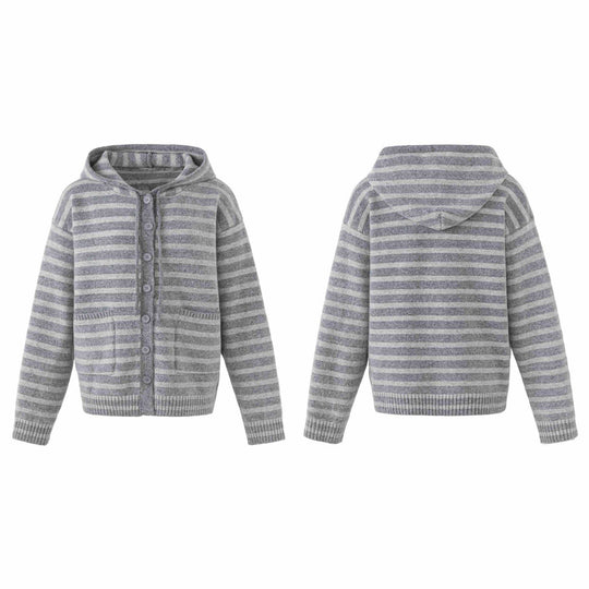Damen Kapuzenstrickjacke mit Knopfleiste und Blockstreifen Nord Taschen