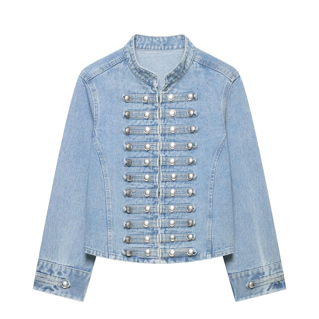 Damen Taillierte Denim‑Blazerjacke im militärisch inspirierten Marschallstil mit Zierknopfleiste Nord Taschen
