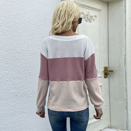 Damen Garnstruktur-Colorblock-Pullover mit V‑Ausschnitt und Zierknopfleiste Nord Taschen