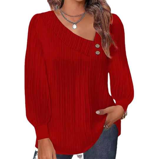 Damen Plissee-Bluse mit asymmetrischem Ausschnitt und Knopf-Details