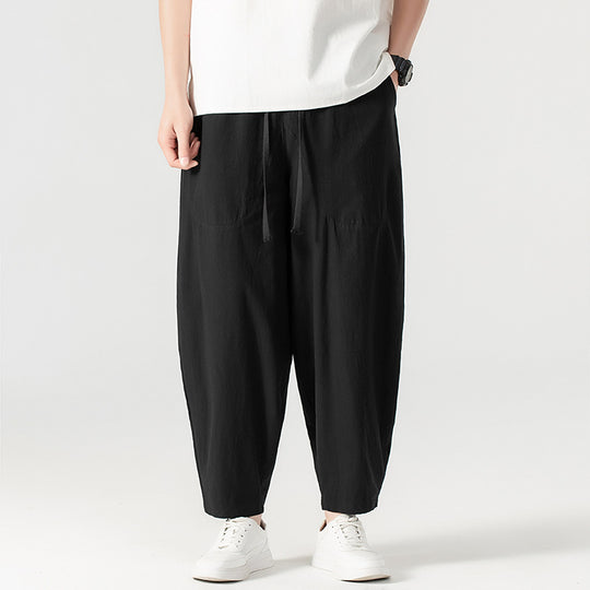 Herren Lässige Leinen-Baumwoll-Hose mit weitem Bein, Kordelzug und aufgesetzten Taschen Nord Taschen