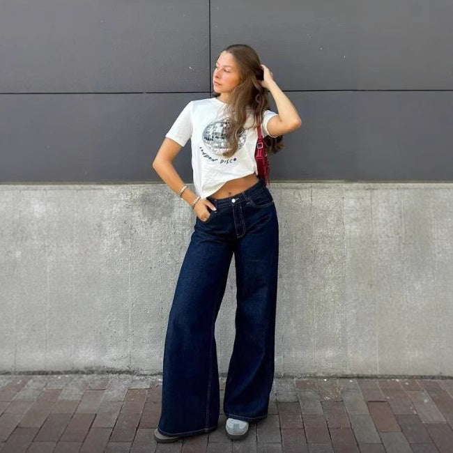 Damen ultraweite bodenlange Denim-Palazzohose mit cleanem Taschen-Schnitt und leichter Stretchwirkung Nord Taschen