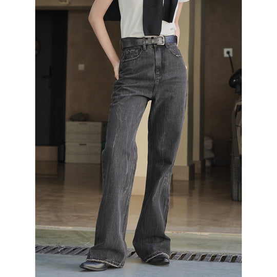 Damen Weite High‑Waist-Jeans mit ausgestelltem Bein, rohem Saum und Vintage-Waschung Nord Taschen